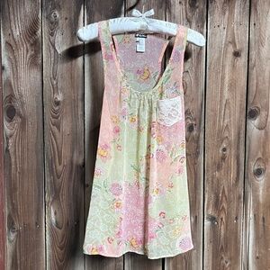 Lily White Pastel Pink Brat Green Sheer Flowy Lightweight Floral Tank Top Sz L